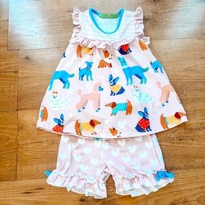 Millie Loves Lily 3T matching summer set in “dog park” pink pattern.